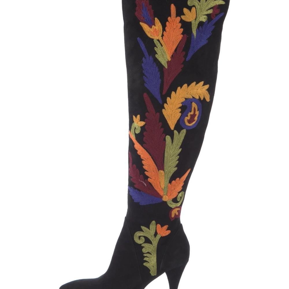 Alice + Olivia Corin Embroidered Black Suede Boho Retro Over the Knee Boots